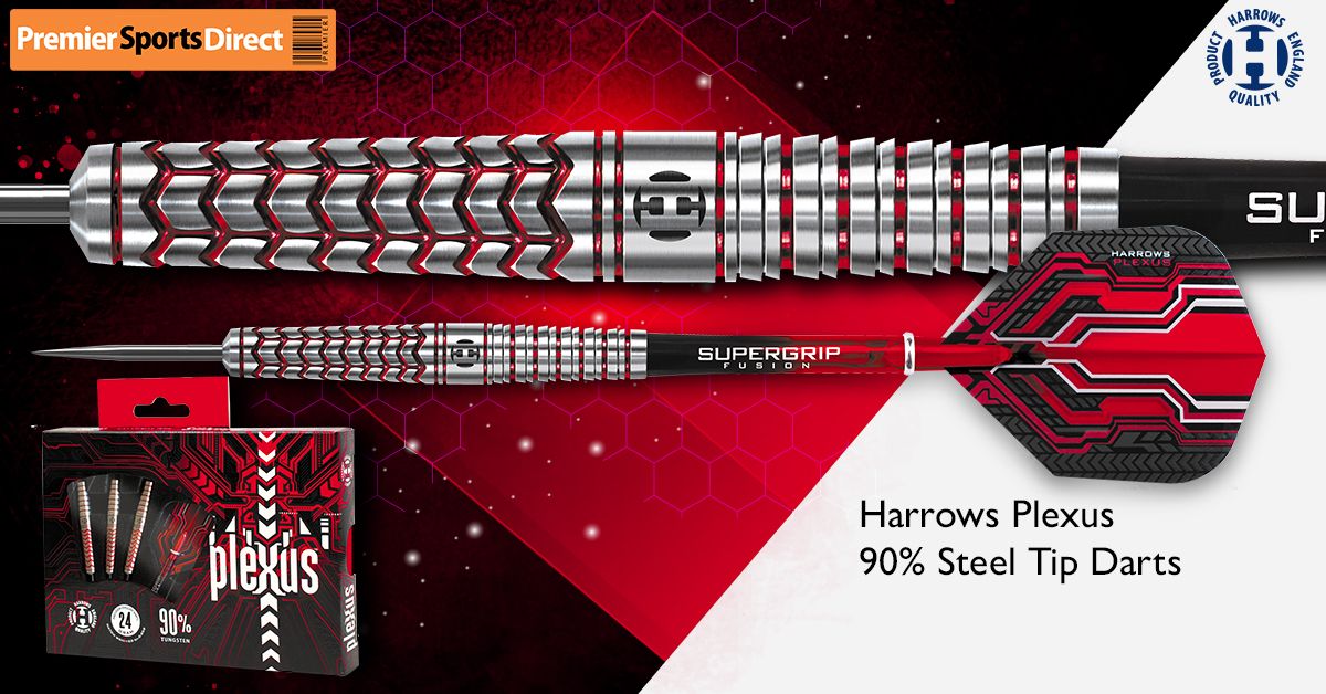 PSportsDirect's tweet photo. Harrows Plexus 90% Steel Tip Darts 
- The darts are match weighed to +/- 0.05 grams &amp; supplied with red supergrip fusion shafts and plexus flights.
#Harrows #Plexus #Steel #Tip #Darts 
https://t.co/in5M6BDoco https://t.co/5s3sWeT7sl