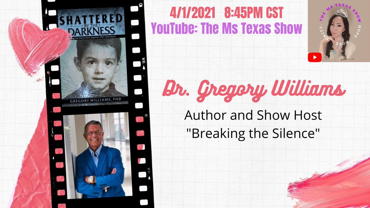 MsUSATexas's tweet image. In Sexual Assault Awareness Month,
Dr. Georgy Williams, Host of "Breaking the Silence" will share his healing journey.

THU, 4/1
8:45PM CST

Subscribe:
youtu.be/qvUzLH8Ng5E

#MeToo #SexaulAssault #Incest #childabuse #MsTexas #TheMsTexasShow #EileenDongOfficial #MsCalifornia