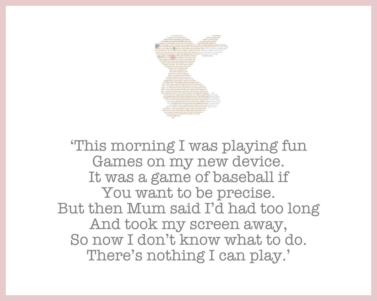 Find out how Owl helps Rabbit play without a screen in my poem ‘The Rabbit and the Stick.’ CAUTION - The suggestions contained are only suitable for younger children. I would not advise suggesting to a teenager that they swap their phone for a stick.🤣 #screentime #poetryforkids
