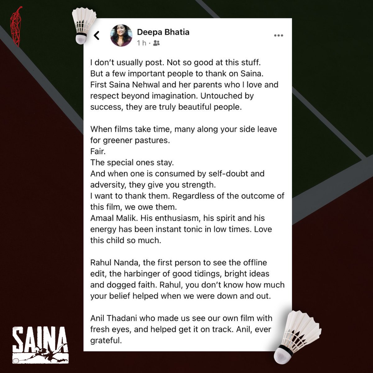 color_rcvfx's tweet photo. When the makers of a film appreciate our work, all the hardwork feels worth it! #DeepaBhatia just made our day with her praising words! As #Saina hits the theatres today, her gratitude marks a strong beginning to this match! 💥🏸 

#VFXbyRedChillies 🌶
#ColorByRedChillies 🔴🟢🔵 https://t.co/gC4scMcJtu