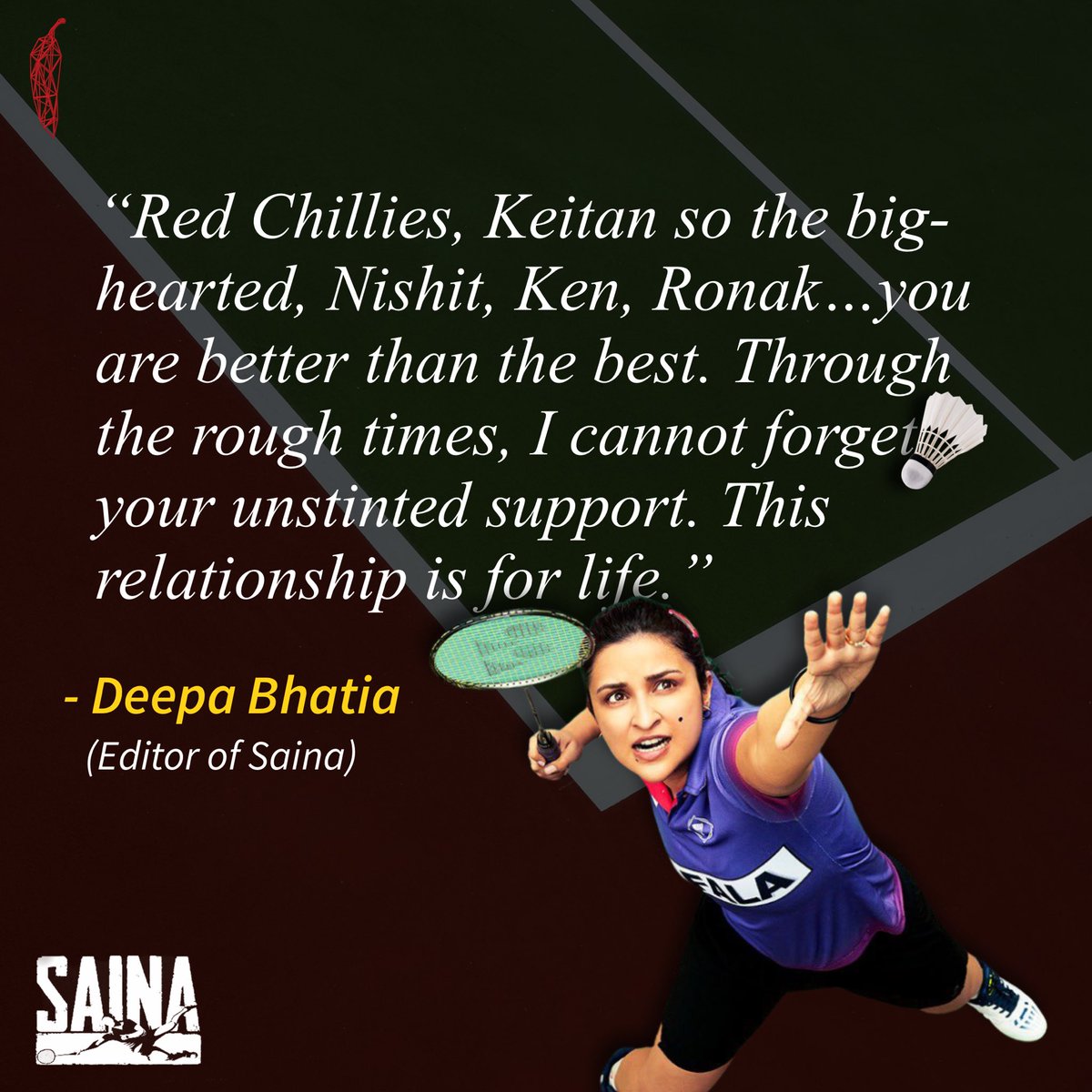 vfx_redchillies's tweet photo. When the makers of a film appreciate our work, all the hardwork feels worth it! #DeepaBhatia just made our day with her praising words! As #Saina hits the theatres today, her gratitude marks a strong beginning to this match! 💥🏸 

#VFXbyRedChillies 🌶
#ColorByRedChillies 🔴🟢🔵 https://t.co/3jbm4h4abF