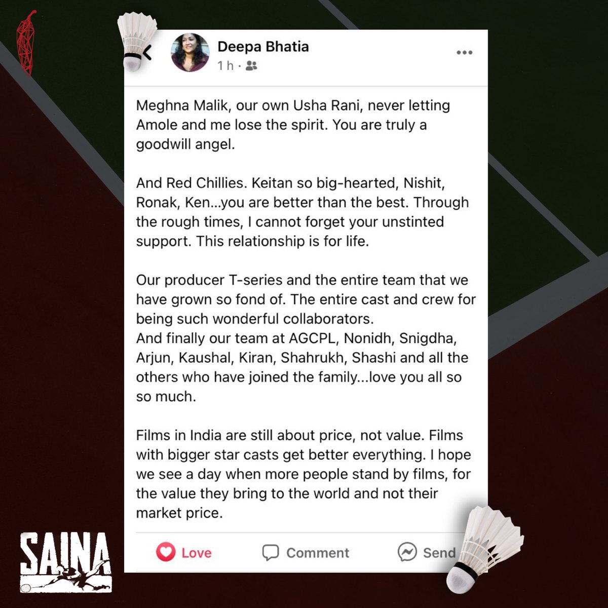 vfx_redchillies's tweet photo. When the makers of a film appreciate our work, all the hardwork feels worth it! #DeepaBhatia just made our day with her praising words! As #Saina hits the theatres today, her gratitude marks a strong beginning to this match! 💥🏸 

#VFXbyRedChillies 🌶
#ColorByRedChillies 🔴🟢🔵 https://t.co/3jbm4h4abF