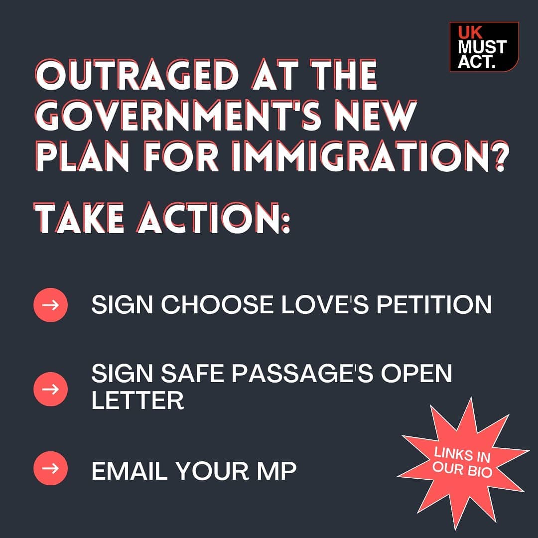 Here are some simple actions you can take right now to make sure the government’s cruel new plan for immigration is stopped in its tracks.

▪️ SIGN the <a href="/chooselove/">Choose Love</a> petition action.helprefugees.org/page/78976/pet…

▪️ SIGN the @safepassageuk open letter safepassage.org.uk/new-routes-now

▪️ EMAIL your MP