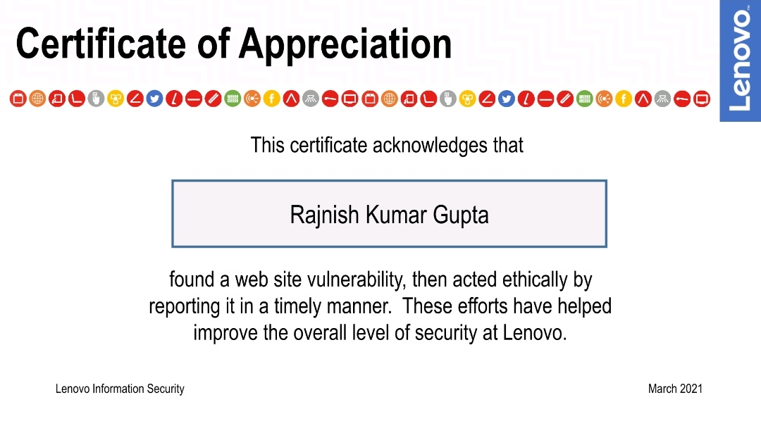 geekyrajnish's tweet image. Today, I received appreciation letter from @Lenovo
Happy to Secure @Lenovo
Thanks @Lenovo for the Appreciation Letter
#secure #secure #bugbounty #cyberattacks #cybersecurity #hacking #pentesting #infosec #ethicalhacking #networksecurity #security #bounty #bughunting #Lenovo