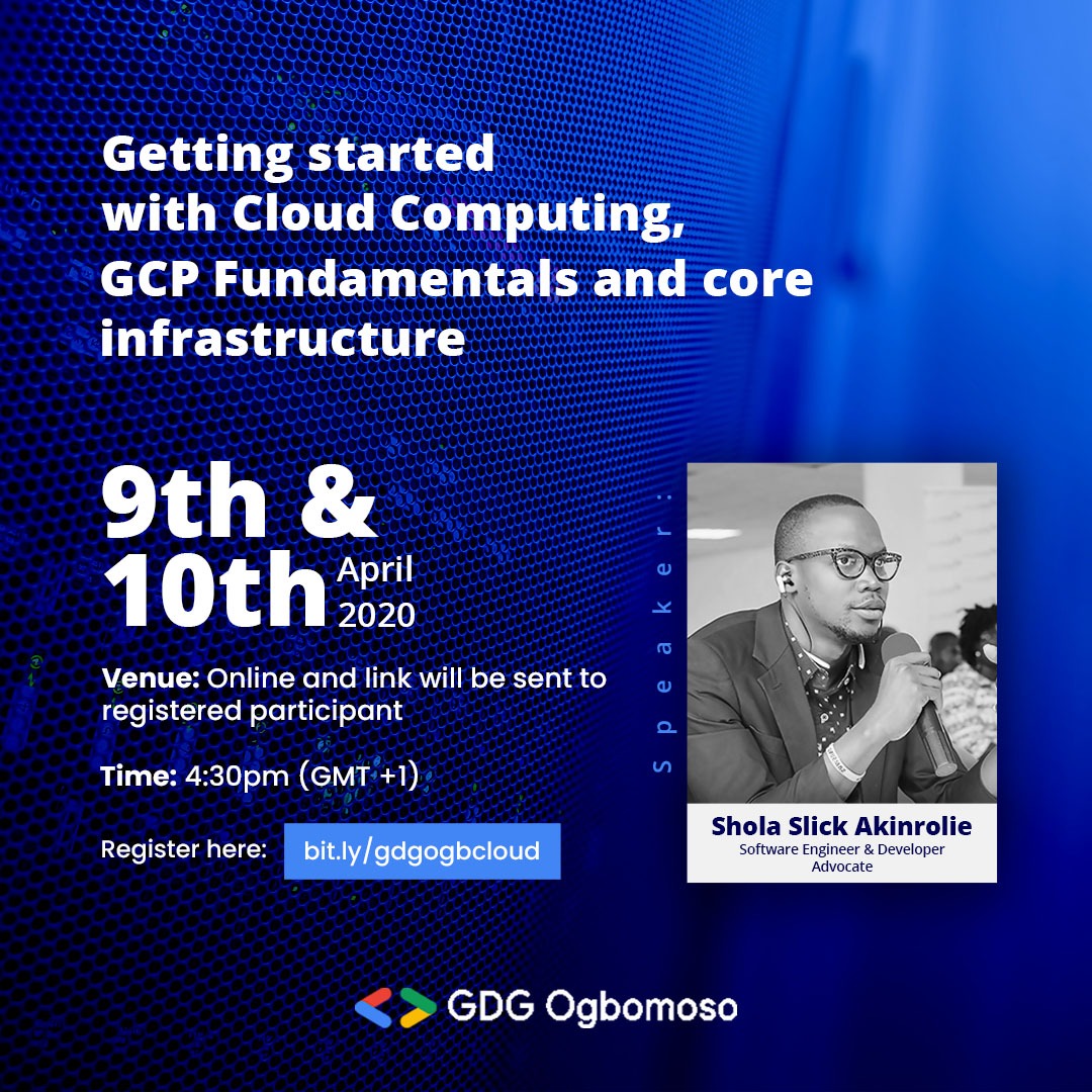 gdgogbomoso's tweet photo. Looking to get started with Cloud Computing? Join us as we'll be having two days of hands-on training on getting started with Cloud and GCP fundamentals and core infrastructure. 
Register on https://t.co/iZ1X5IzbRW https://t.co/xFucwn6DNh