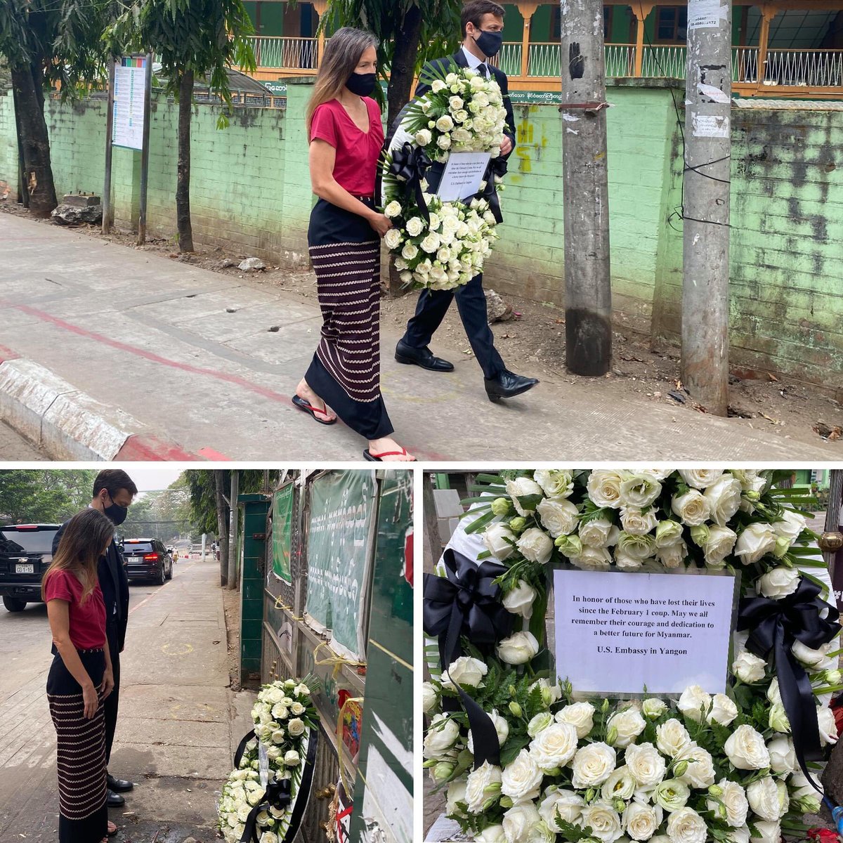 .<a href="/USEmbassyBurma/">U.S. Embassy Burma</a>: “Ambassador Thomas Vajda &amp; Ms. Amy Sebes laid a wreath today at the site where 23-year-old network engineer Nyi Nyi Aung Htet Naing died in front of a school on February 28, 2021. We honor the memory of all those who have lost their lives since the Feb. 1 coup.”