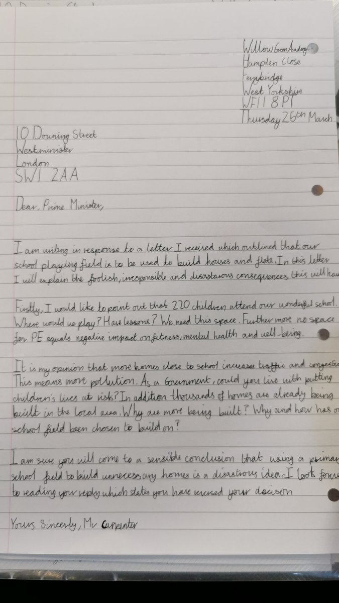 WillowGreenAcad's tweet photo. Following the letter Year 6 received from @10DowningStreet we have swiftly drafted and written a firm reply, insisting that the decision to build houses on our school field, is reversed immediately. Full letter written by Ewan #stopthebuild #saveourfield #ecowarrior #UKGovernment https://t.co/BOnXpcY1t7