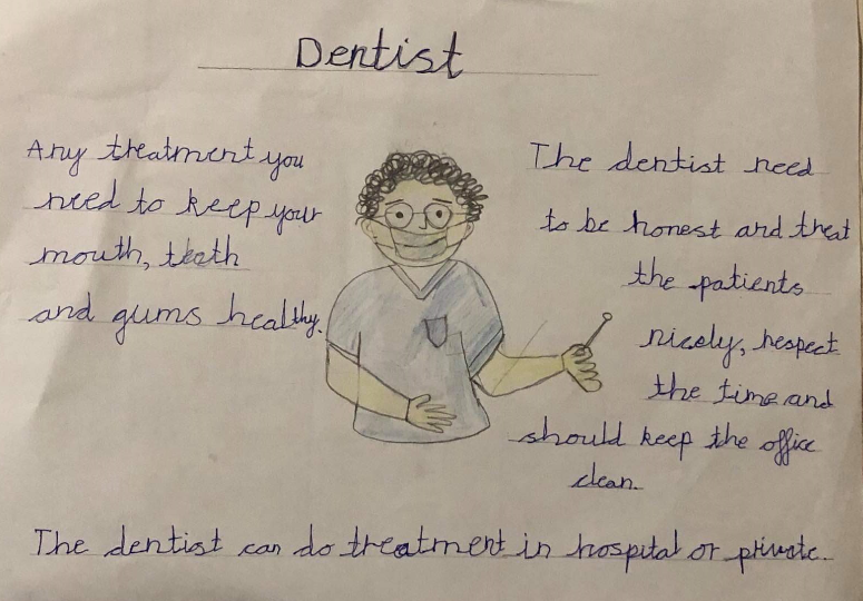 QRA_2025Y6's tweet photo. Another amazing piece of work linked to Captain Sir Tom Moore and jobs in the NHS. Abdellah has looked at the skills needed to make a good dentist. What fantastic artwork too. #qraphse #qraart #qranosey https://t.co/F3V8vMFTyV
