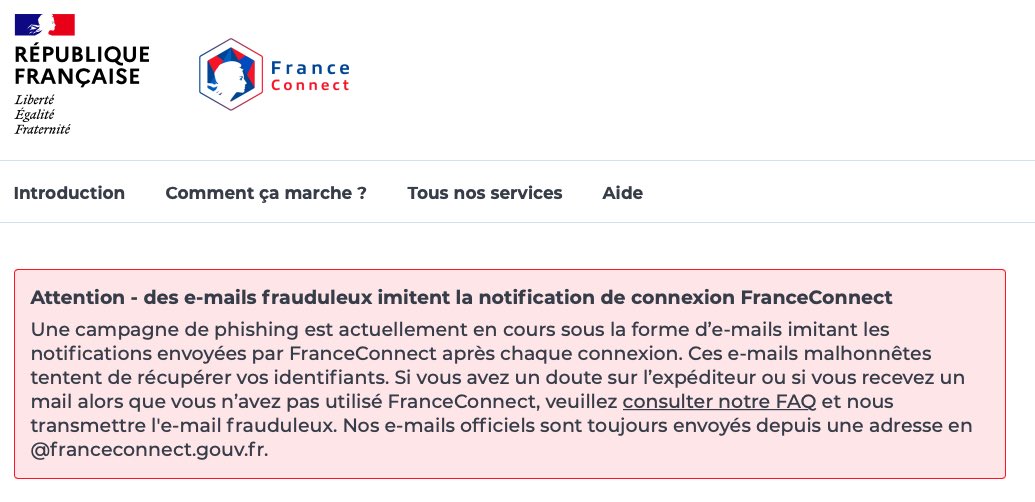 🛑 Campagne de #phishing en cours par email concernant #FranceConnect

Si vous avez un doute sur un email, consultez franceconnect.gouv.fr pour plus d’informations.