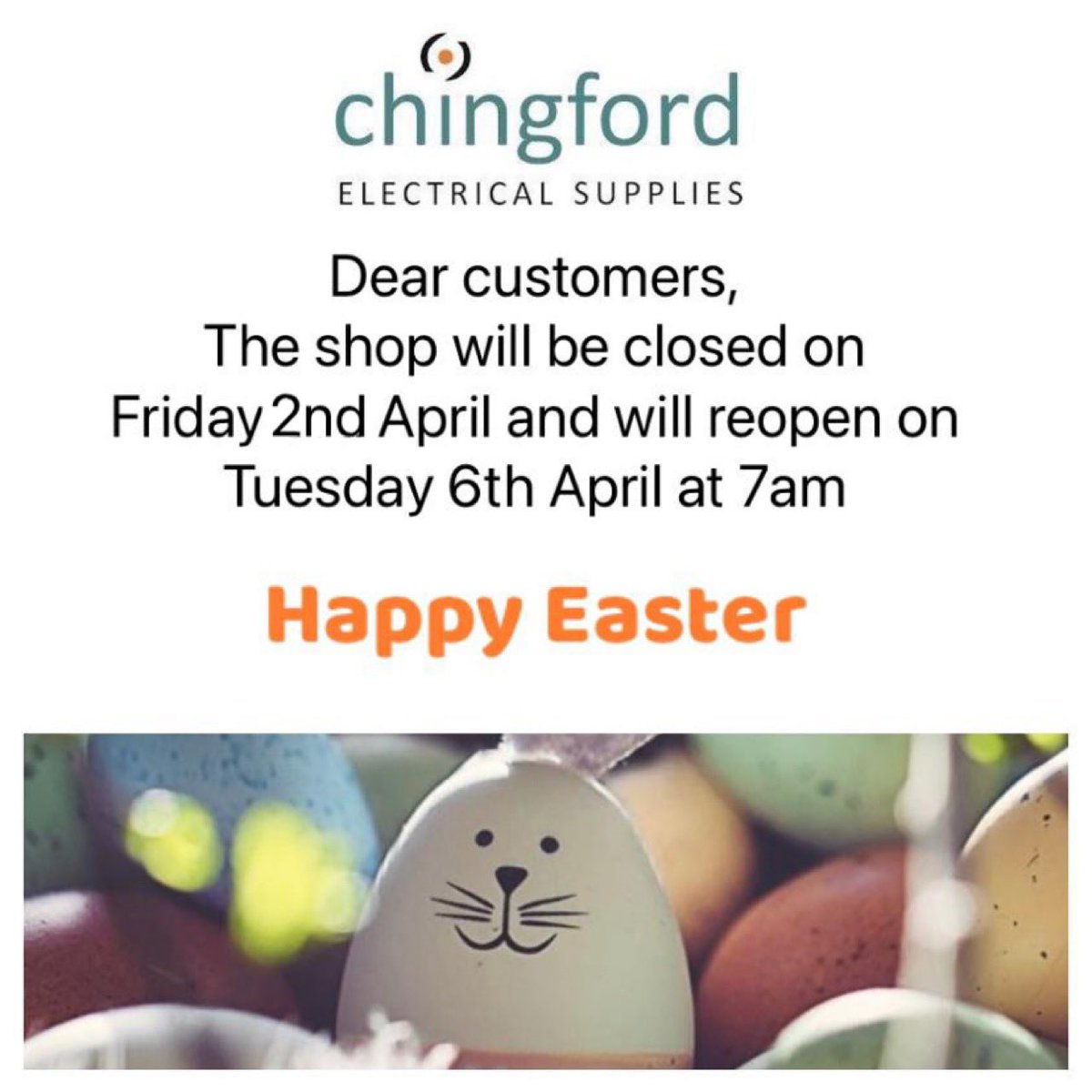 ChingfordElec's tweet photo. 🐣Easter Opening Hours🐣 We hope you have a lovely Easter with your families. See you al on the 6th April https://t.co/7OKH5XlO43