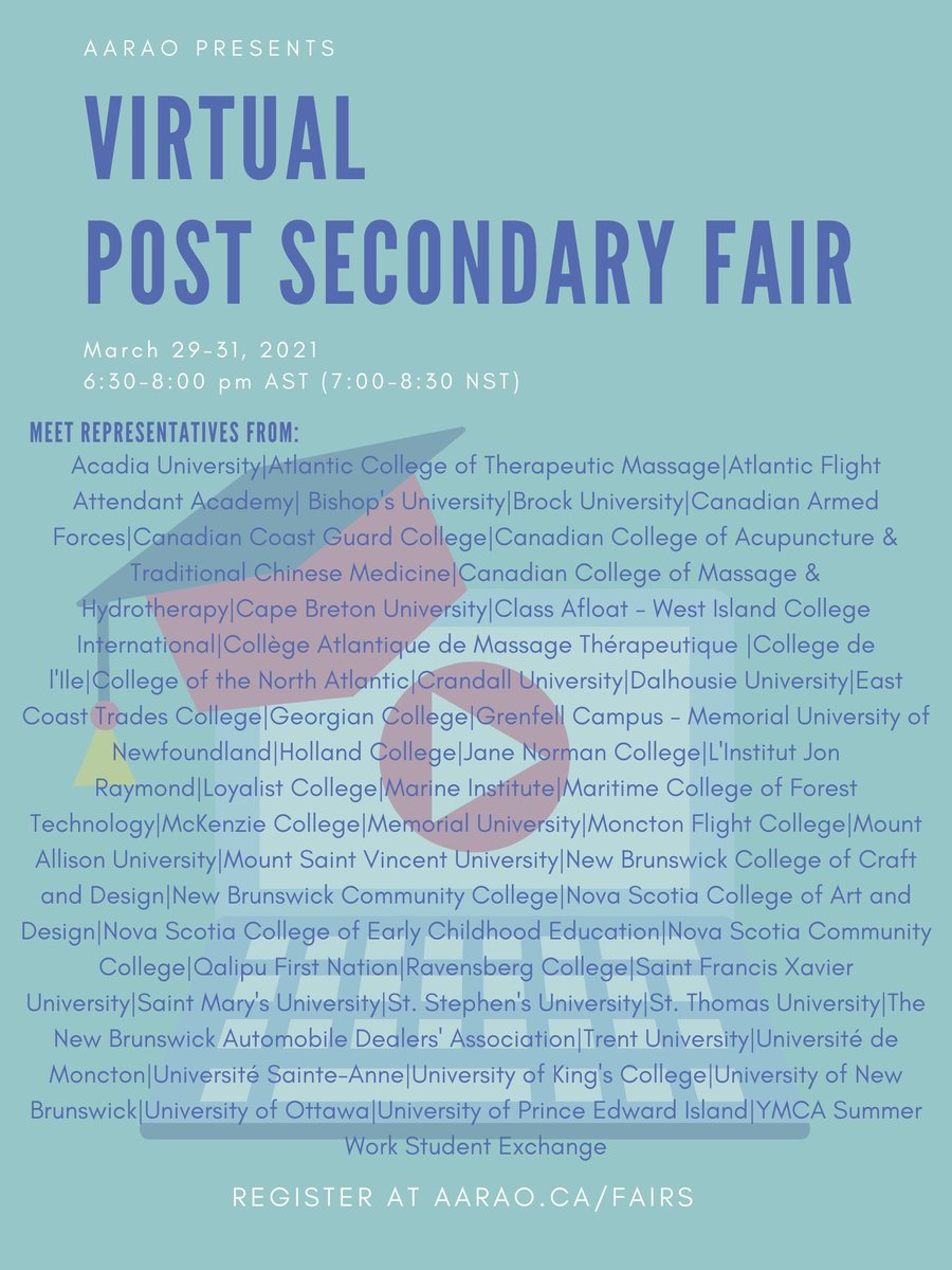 High School Students! Ready to find out more about your next steps? Join us next week for a free post-secondary fair! Close to 50 schools and services will be available for you to chat with and learn more about. 

Register now at aarao.ca/fairs/