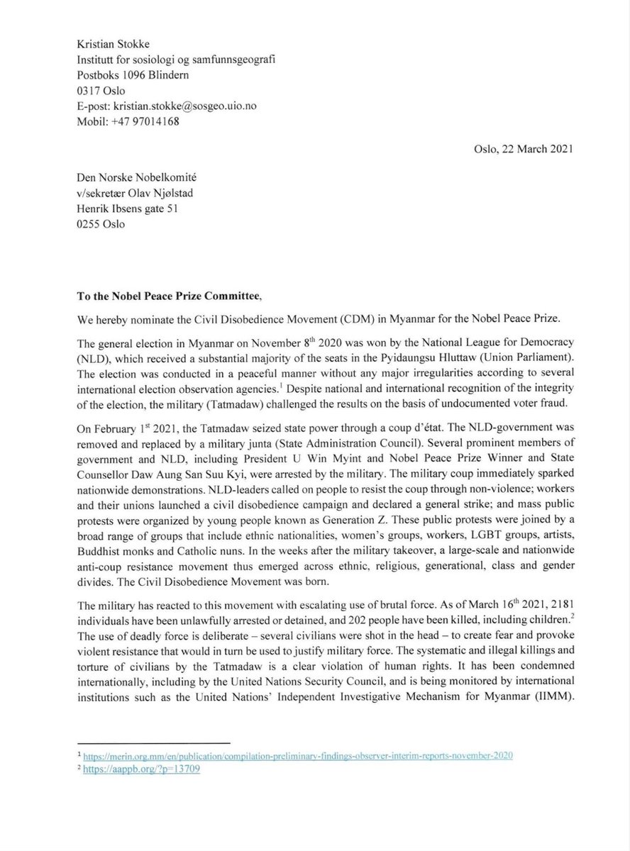 Absolutely fantastic. Absolutely appropriate.
Absolutely worthy.
👇
The Civil Disobedience Movement of Myanmar is nominated for the Nobel Peace Prize 2022 #WhatsHappeninglnMyanmar #March26Coup