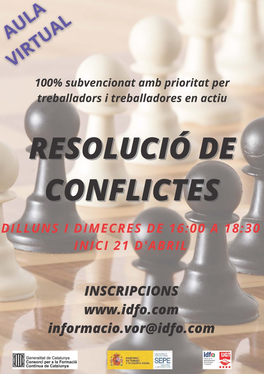 Apren a gestionar els desacords. Evita que es converteixin en una partida d'escacs!!
Formació Aula Virtual 100% subvencionada.
#IDFOformacioVic #cursossubvencionats
