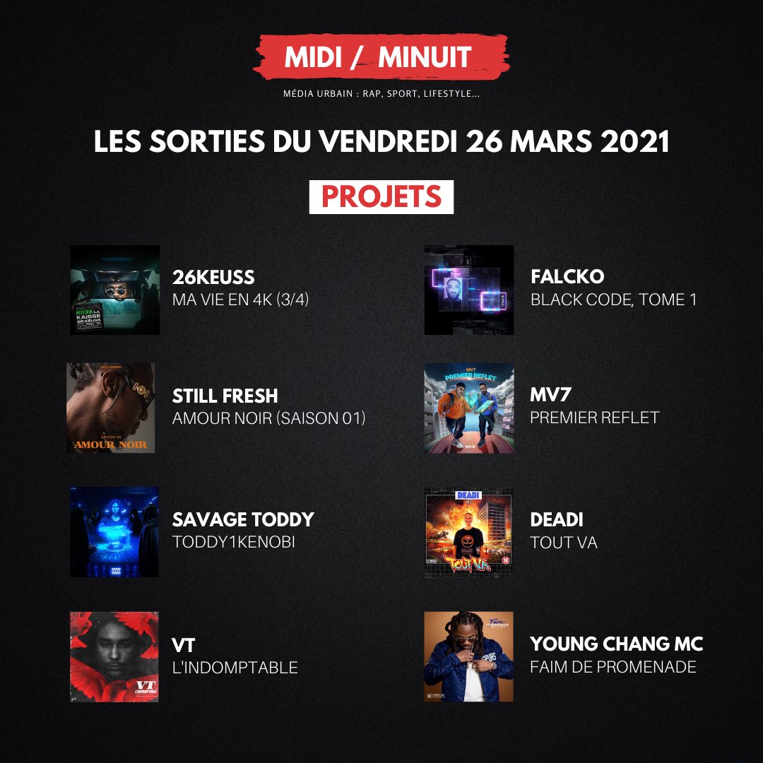 midiminuit__'s tweet photo. 🆕 Les sorties projets/singles du vendredi 26 mars. https://t.co/U41AueLZnK