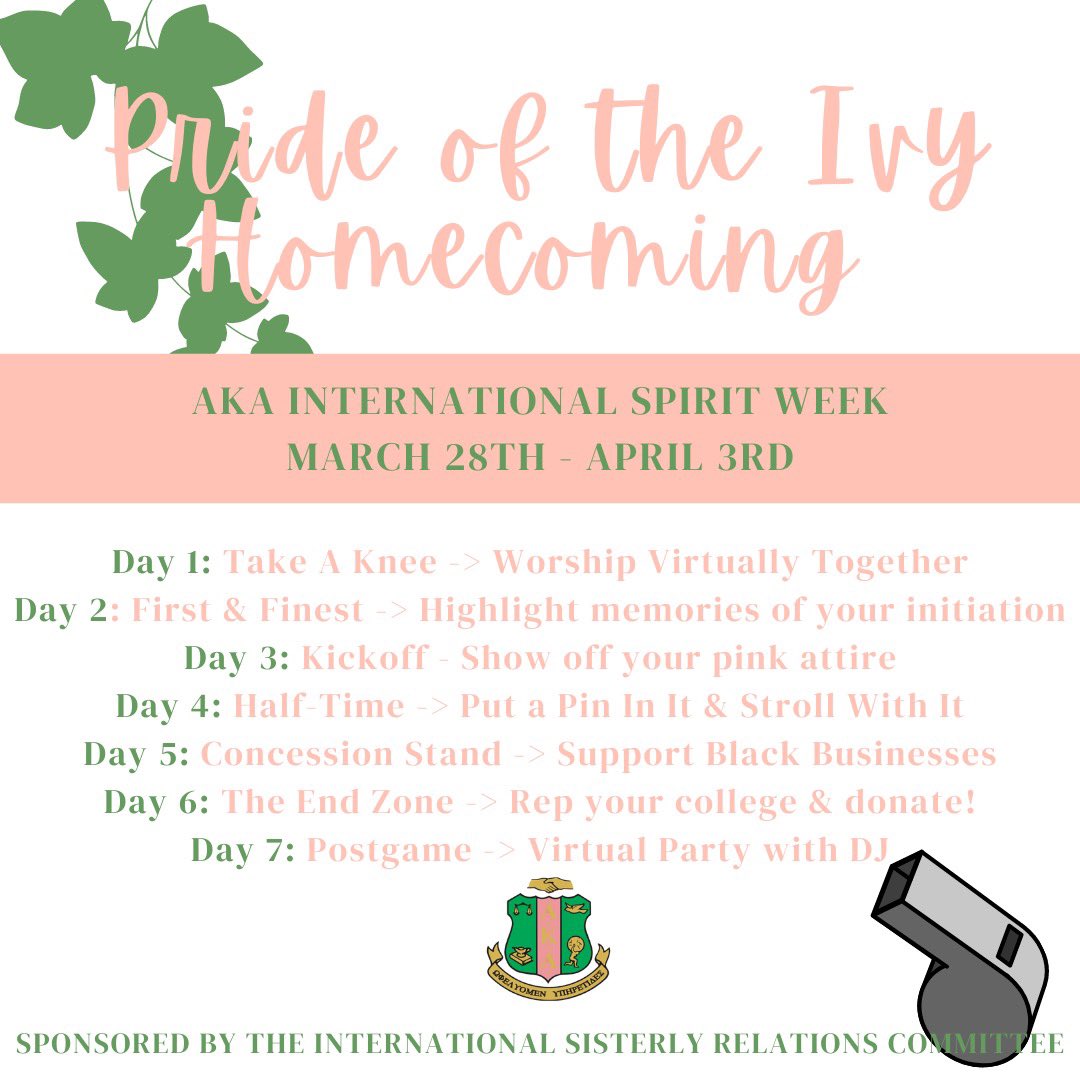 This week kicked off Alpha Kappa Alpha Sorority, Incorporated’s very FIRST International Spirit Week entitled Pride of the Ivy. This is an opportunity for all graduate sisters to demonstrate Ivy Spirit across social media platforms. It’s not too late to show your spirit ladies!