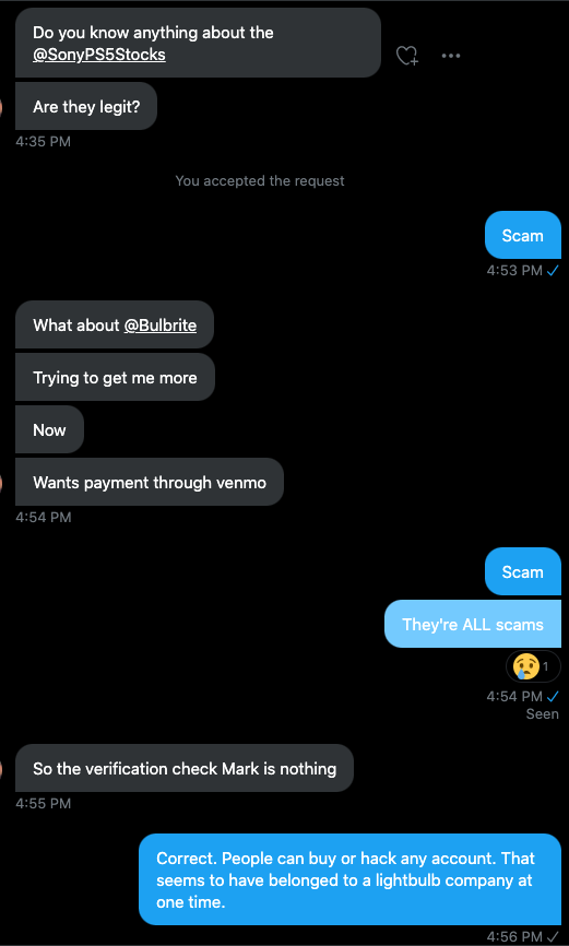 mattswider's tweet photo. 🔥🔥MUST READ: I don't know if u know the hours I spend replying to 1000s of DMs – it's a lot

"Is this a scam?" is what I reply to most
👉NONE ONE on Twitter/FB Market/Instagram will sell u a PS5/Xbox at $550 eagerly

I want u to get PS5 –or– keep your $
Always 👀ing out for u❤️ https://t.co/AyDZyi3p8h