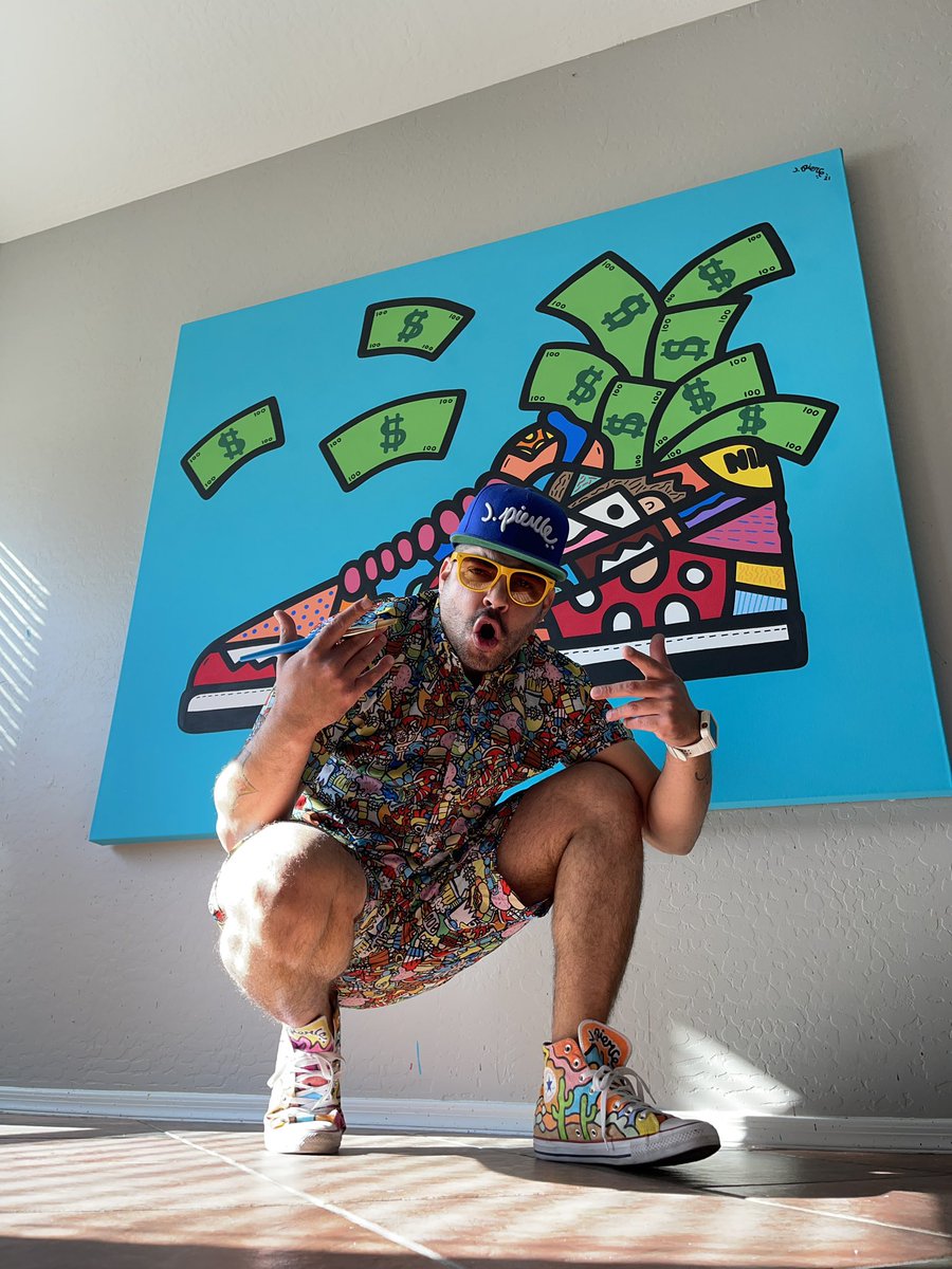 iamjpierce's tweet photo. . Exclusive J. Pierce original dunks & cash 5ft x 6ft commissioned by the boss @RickRoss very thankful & excited to work with the big boss!! #jpierce #rozay #rickross #maybachmusic #designer #artist #iamjpierce #jpierceoriginal #jpierceart #nikesb #nikesbdunks #moneymoves https://t.co/ssYQFx9rW9