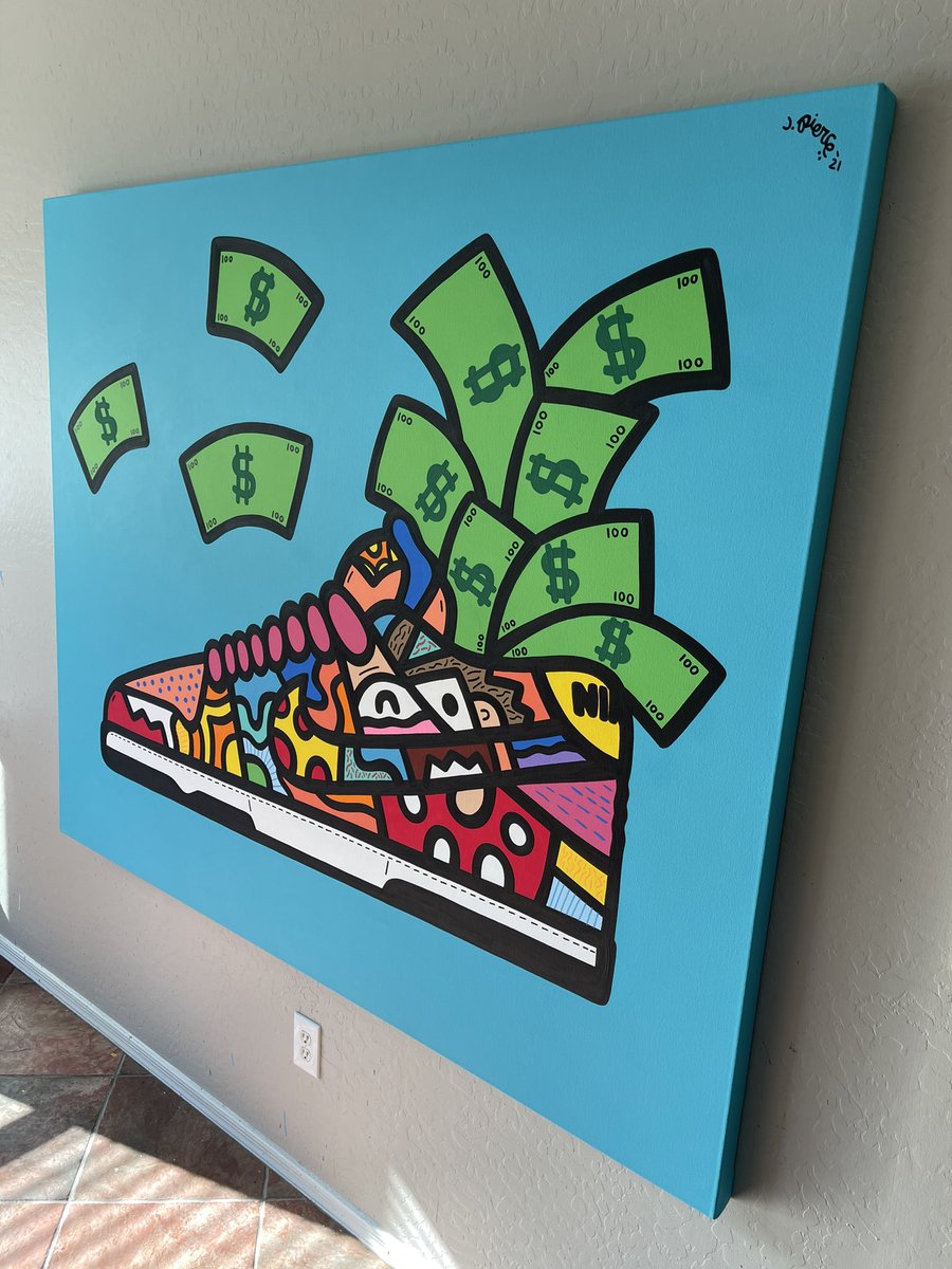 iamjpierce's tweet photo. . Exclusive J. Pierce original dunks & cash 5ft x 6ft commissioned by the boss @RickRoss very thankful & excited to work with the big boss!! #jpierce #rozay #rickross #maybachmusic #designer #artist #iamjpierce #jpierceoriginal #jpierceart #nikesb #nikesbdunks #moneymoves https://t.co/ssYQFx9rW9