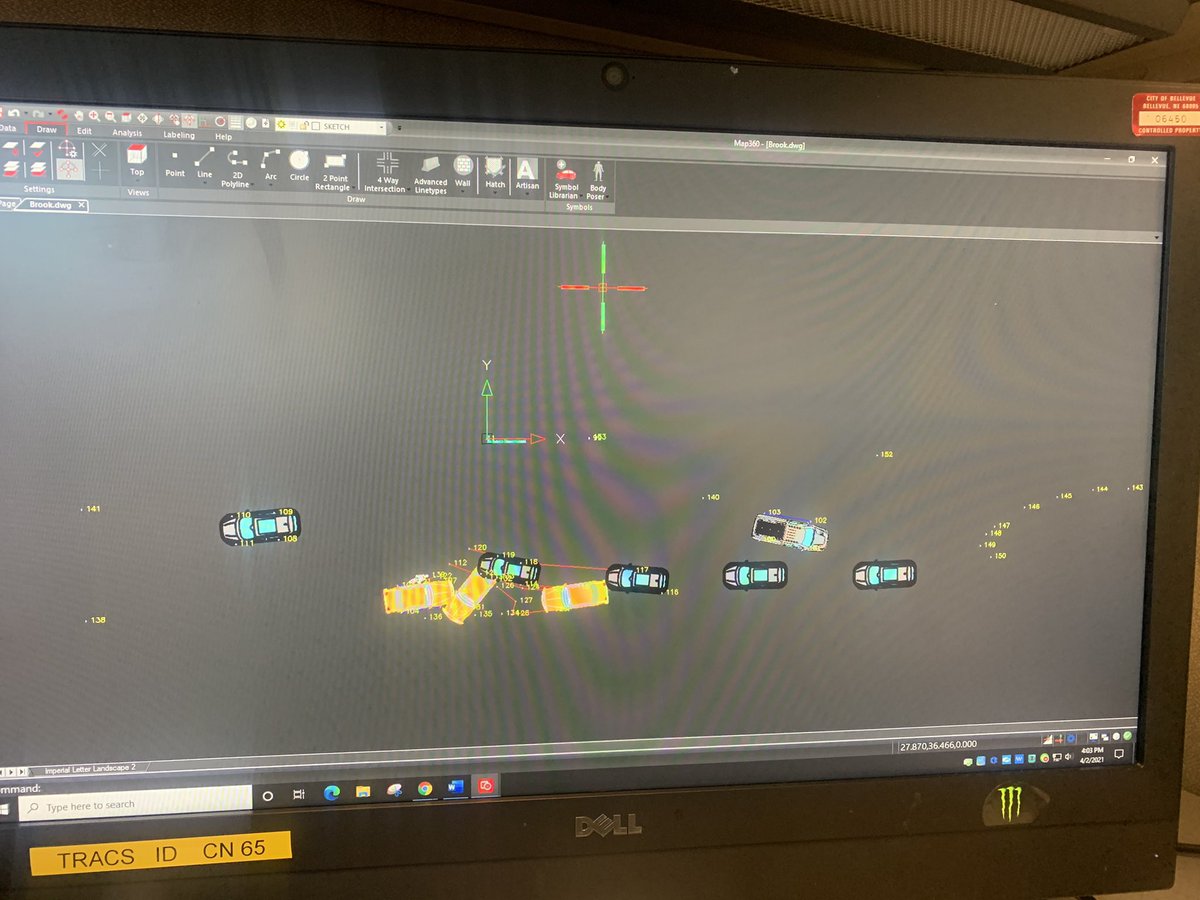 BellevuePolice's tweet photo. Catching up on a #CRASH report w/ @LeicaGeosystems #Map360 Next task is remembering how to overlay a roadway image for scale and affect and measuring distances. 🤔🤓 Drive safe this Easter weekend! #recon #buckleup #arrivealive #looktwice 👀 Tweeted by @OfcGrubb https://t.co/7oFIzgxsnD