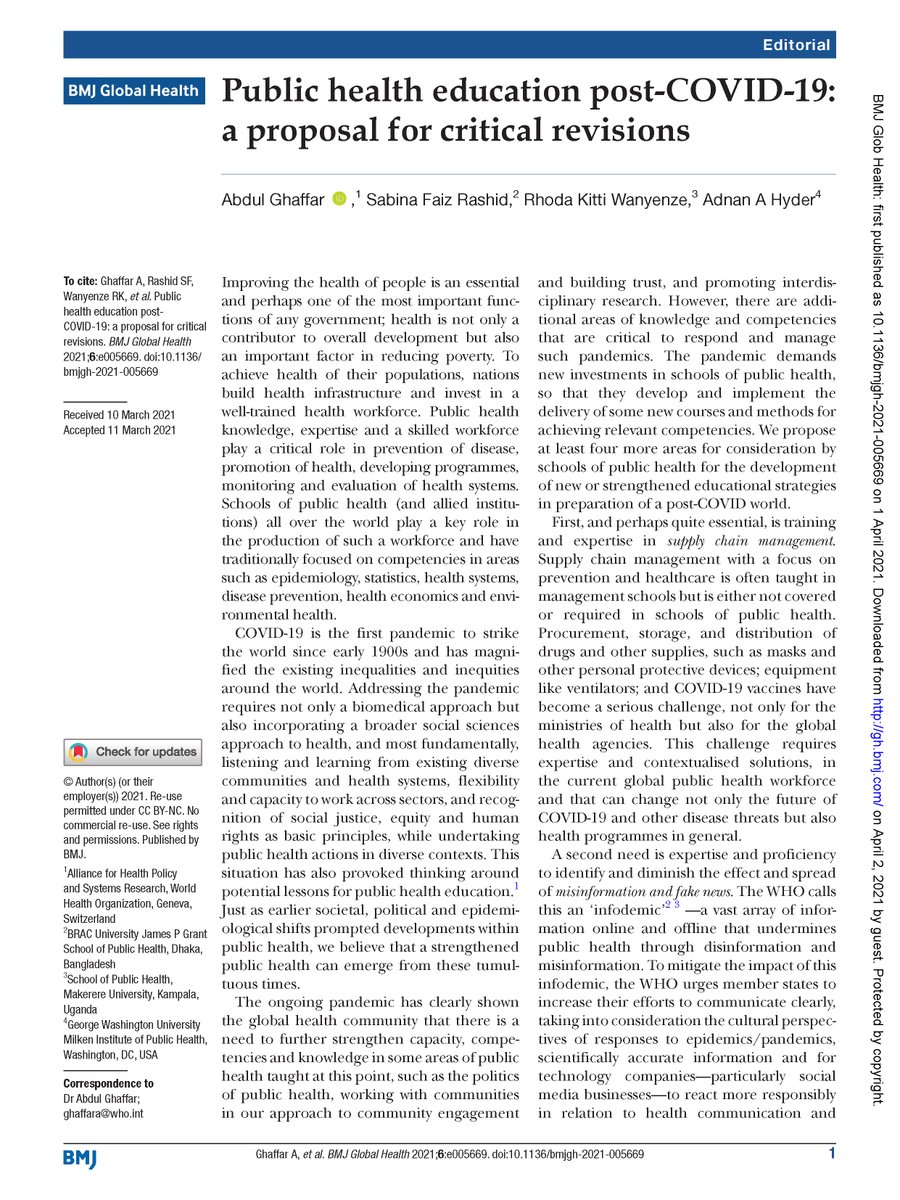 seyeabimbola's tweet photo. Two editorials in @GlobalHealthBMJ on public/global health education inspired by Covid-19

A proposal for critical revisions in PH curriculum by Abdul Ghaffar et al https://t.co/ezeoH7Nioc

A proposal to re-imagine GH teaching in HICs by @SallaAtkins et al https://t.co/igxXbRRrl8 https://t.co/SpmH0wPpd2