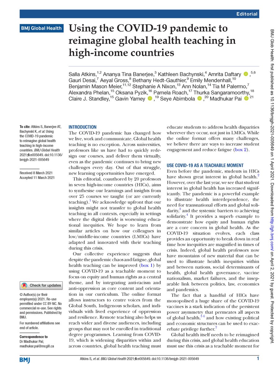 Ṣẹ̀yẹ Abímbọ́lá (@seyeabimbola) on Twitter photo Two editorials in <a href="/GlobalHealthBMJ/">BMJ Global Health</a> on public/global health education inspired by Covid-19
A proposal for critical revisions in PH curriculum by Abdul Ghaffar et al gh.bmj.com/content/6/4/e0…
A proposal to re-imagine GH teaching in HICs by <a href="/SallaAtkins/">Salla Atkins</a> et al gh.bmj.com/content/6/4/e0… Two editorials in <a href="/GlobalHealthBMJ/">BMJ Global Health</a> on public/global health education inspired by Covid-19
A proposal for critical revisions in PH curriculum by Abdul Ghaffar et al gh.bmj.com/content/6/4/e0…
A proposal to re-imagine GH teaching in HICs by <a href="/SallaAtkins/">Salla Atkins</a> et al gh.bmj.com/content/6/4/e0…