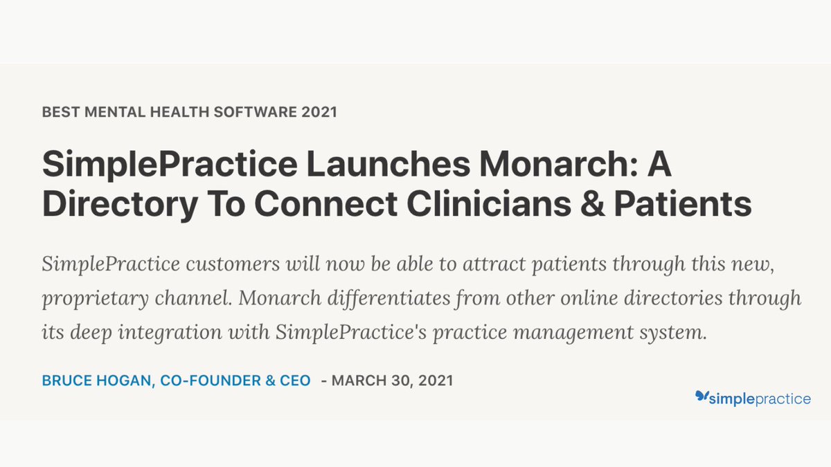 simplepractice's tweet photo. Thank you, @Software_Pundit for naming #SimplePractice one of the top Practice Management Softwares of 2021! Read their take on SimplePractice along with an introductory review of @MeetMonarch, here: https://t.co/3zmr4rhu3m https://t.co/KAuSfXlIVH