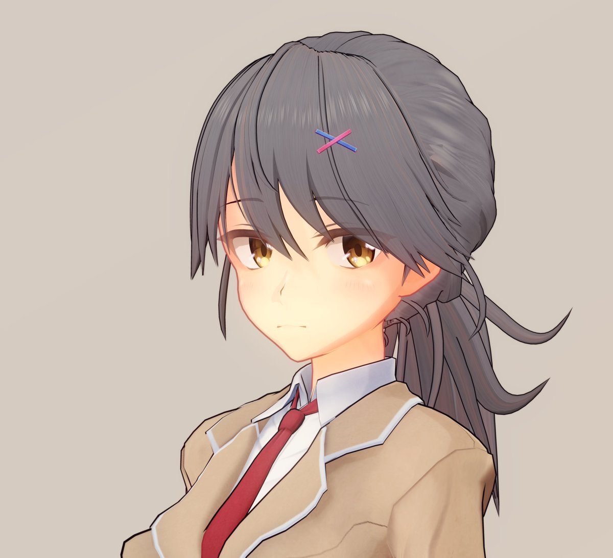 細部の微調整のつもりだったけど割と色々変えてしまった。
ついでにセルルックっぽい雰囲気に挑戦してみたけどなかなかむずけー。
正面の面相、陰になる顔側面、顎先で陰が消滅するようカーブをつくる顎下をそれぞれ面としてエッジが存在するように接続すると割合それっぽく影が出た。