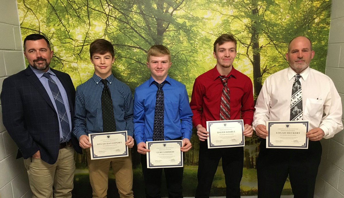 CCBOE's tweet photo. The Cheatham County School Board recognized the 
@shs_sycpride students who earned medals at the 2021 State Wrestling Tournament. 

Dylan Davenport, 126 pounds, 4th
Logan Heckert, 132 pounds, 1st, state champion 
Luke London, 138 pounds, 2nd
Dalen Kimble, 152 pounds, 3rd

#ccsdtn https://t.co/EQTrSXgwcy