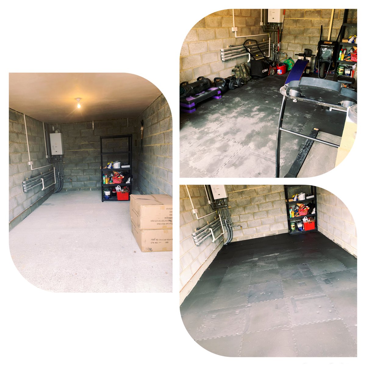 BecOakley's tweet photo. Easter weekend started in typical Becky fashion: work ✔️ laid my mates old gym flooring in the garage ✔️ tested out the treadmill and rowing machine I got given for free ✔️ threw my kettlebell about for half an hour ✔️might treat myself to a bud light after this weeks endeavours https://t.co/D4ExZtOQQj