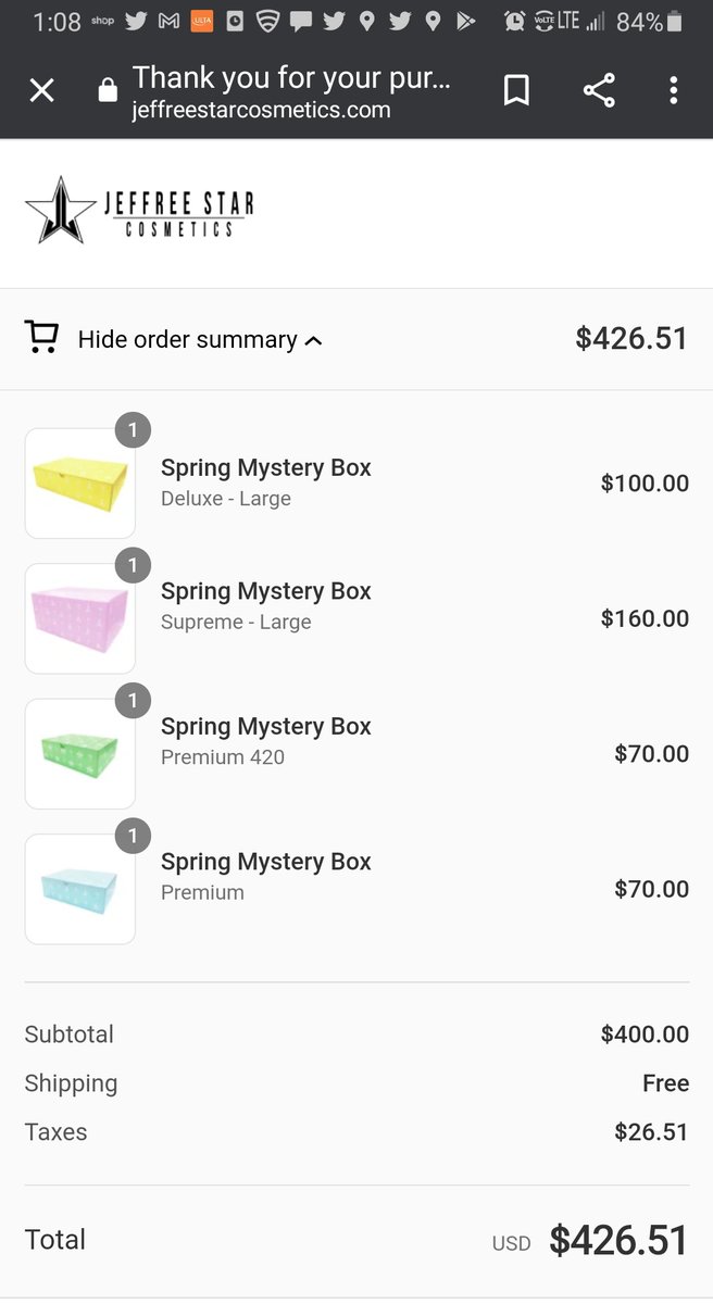 klwirsing's tweet photo. Didn't get the extreme but know the price is still worth it.. so excited! @JeffreeStar #jeffreestarcosmetics #MysteryBox https://t.co/ge0miUp2GA