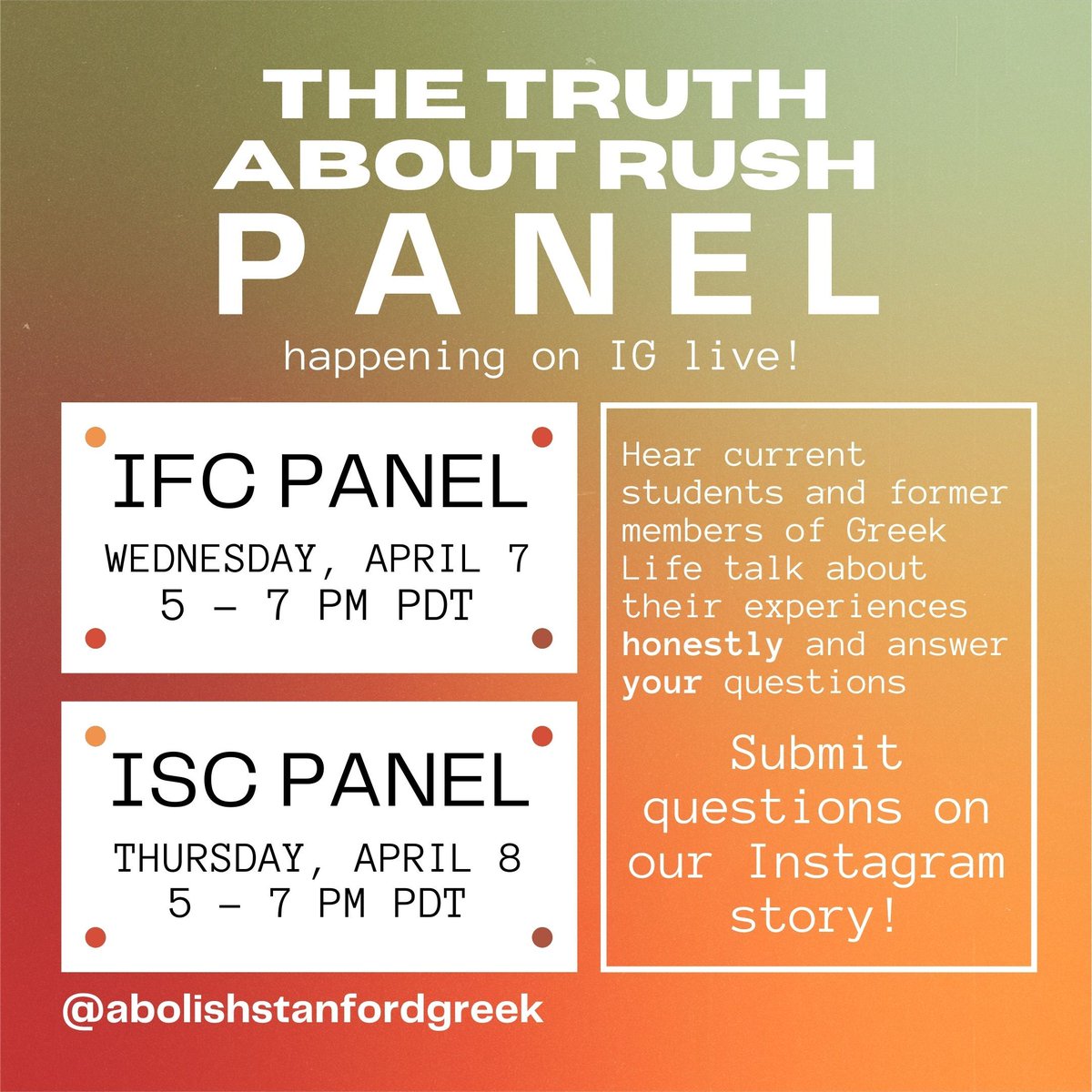 Considering rush? Tune in to our Instagram live next week to hear former members of Stanford Greek Life share their unfiltered experiences. DM with questions you'd like us to answer!