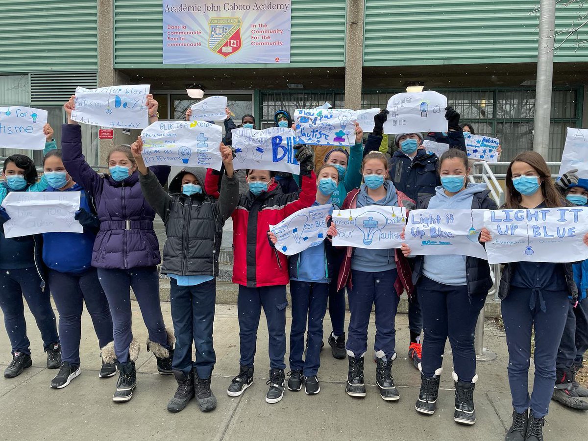 EnglishMTL's tweet photo. In honour of #WorldAutismAwarenessDay, students and staff at @johncabotoEMSB took to the streets in recognition of people with #autism and those who love and support them. Way to go, #JCA! #LightItUpBlue today to show your support! #LightUpWithKindness @autismspeaksCAN https://t.co/G24cOHVexv