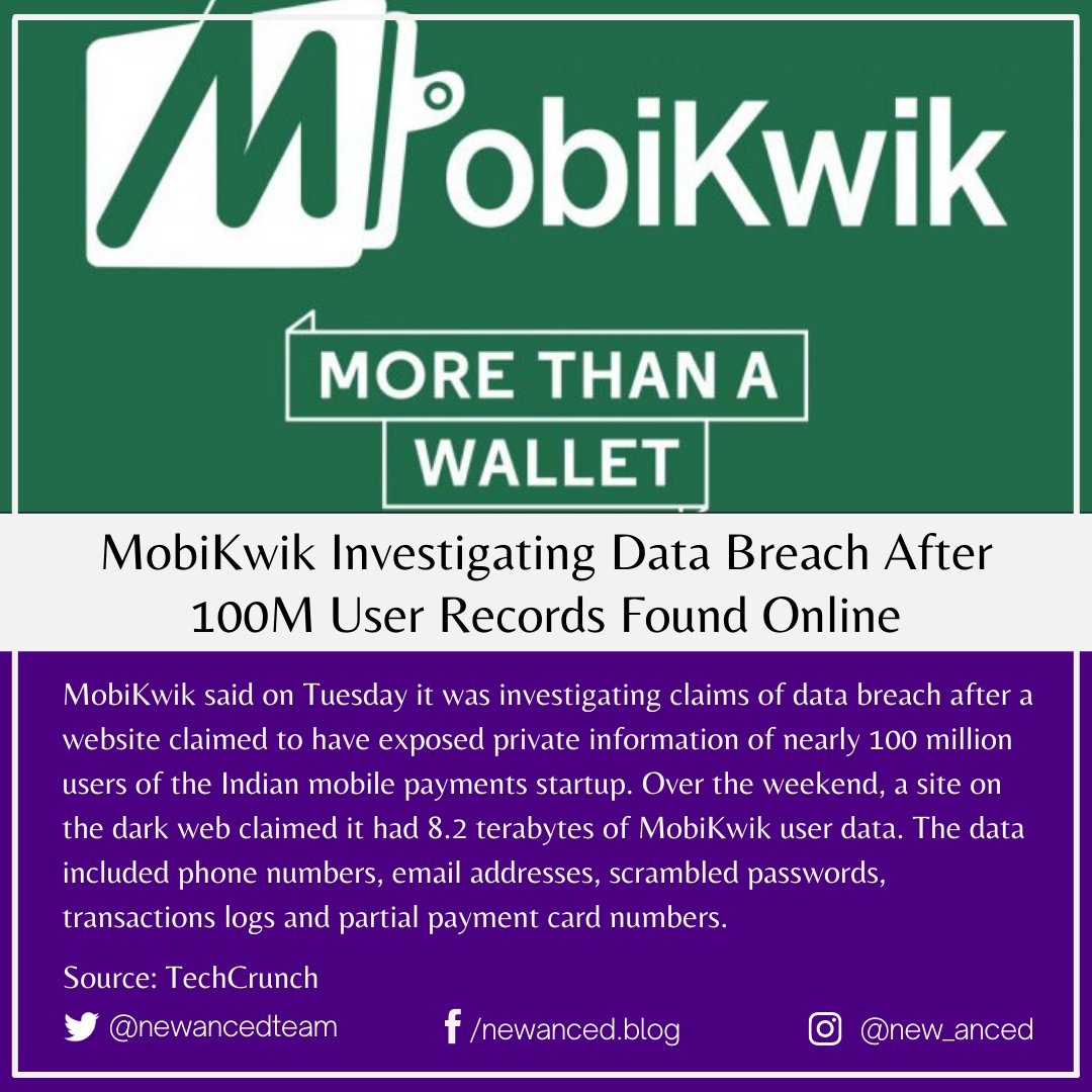 sciencenstuf's tweet photo. MobiKwik Investigating Data Breach After 100M User Records Found Online
Source: TechCrunch
📷 Gadgets To Use
#tech #mobikwik #databreach #privateinformation #payments #phonenumbers #emailaddresses #passwords #transactionlogs #techcrunch
https://t.co/tl0DT63z8X https://t.co/XFV8VqVExa