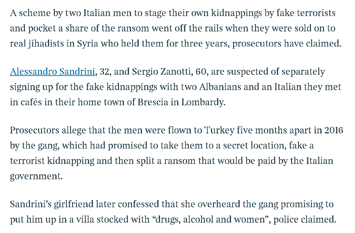 'Do not try this at home' warning is real😂
"A scheme by two Italian men to stage their own kidnappings by fake terrorists &amp; pocket a share of the ransom went off the rails when they were sold on to real jihadists in Syria who held them for three years..."
thetimes.co.uk/article/58bfab…