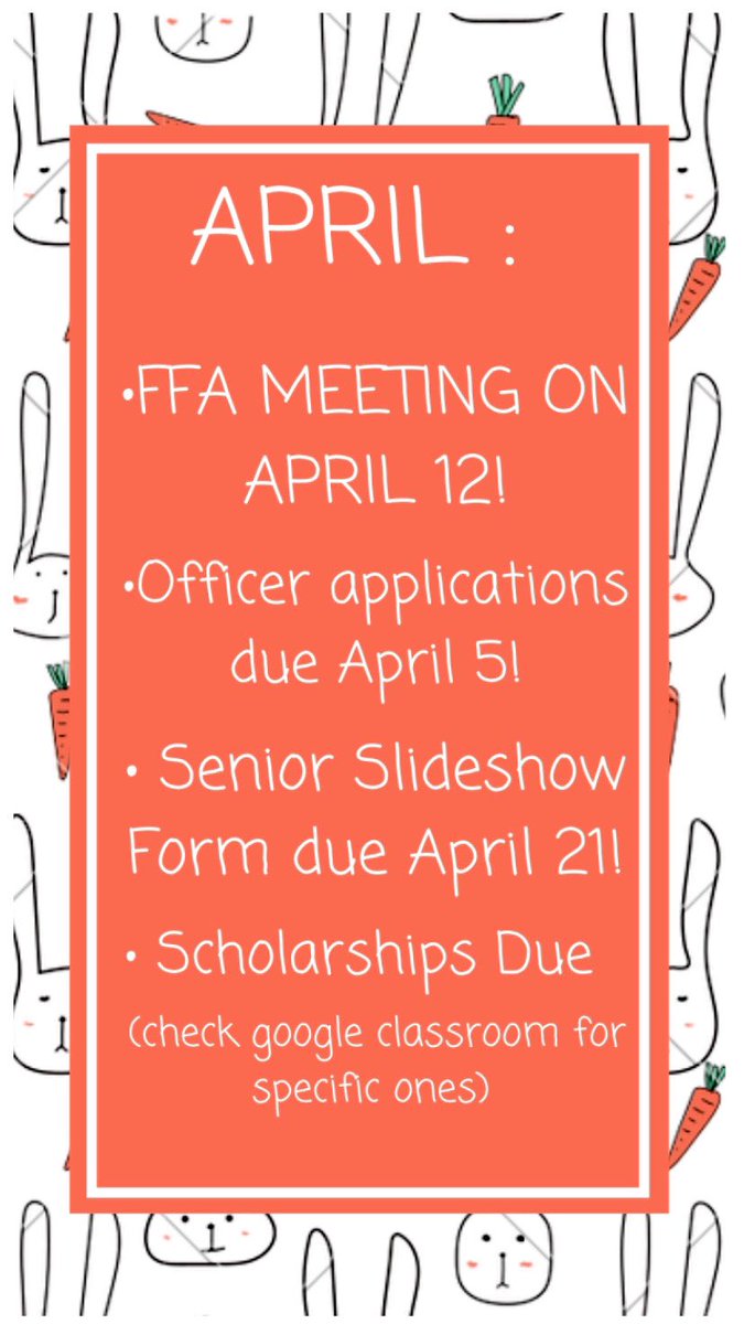 LosBanosFFA's tweet photo. Los Banos FFA! April is here and there are a bunch of activities! 
•If any incoming Junior/Senior is interested in becoming a chapter officer, fill out the application by Monday (April 5).
•Because of spring break, our chapter meeting has been moved to April 12! https://t.co/iBSZBeCeas