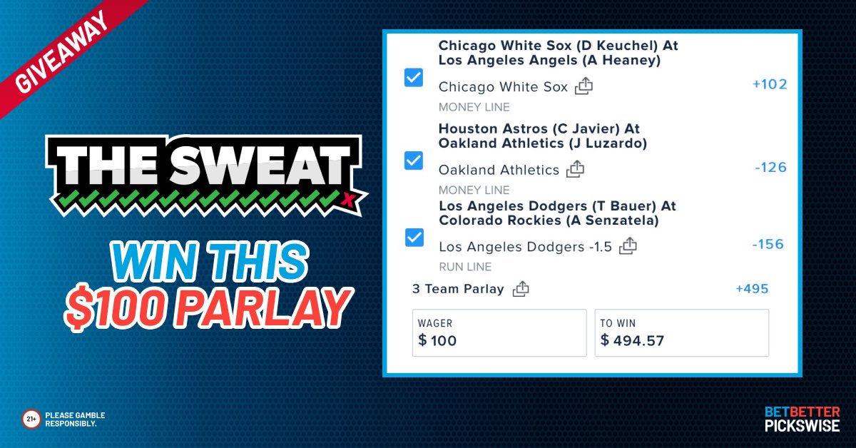 Pickswise's tweet photo. 🚨 #Pickswise THE SWEAT $494 PARLAY GIVEAWAY🚨
💰 If our #MLB +495 Parlay hits, we will share the winnings with ONE LUCKY Follower!
How To Enter ✅
- FOLLOW @Pickswise
- RETWEET GIVEAWAY
Want an EXTRA entry? 📈
- TAG one Friend in the comments! https://t.co/eNbdEUgTSw
