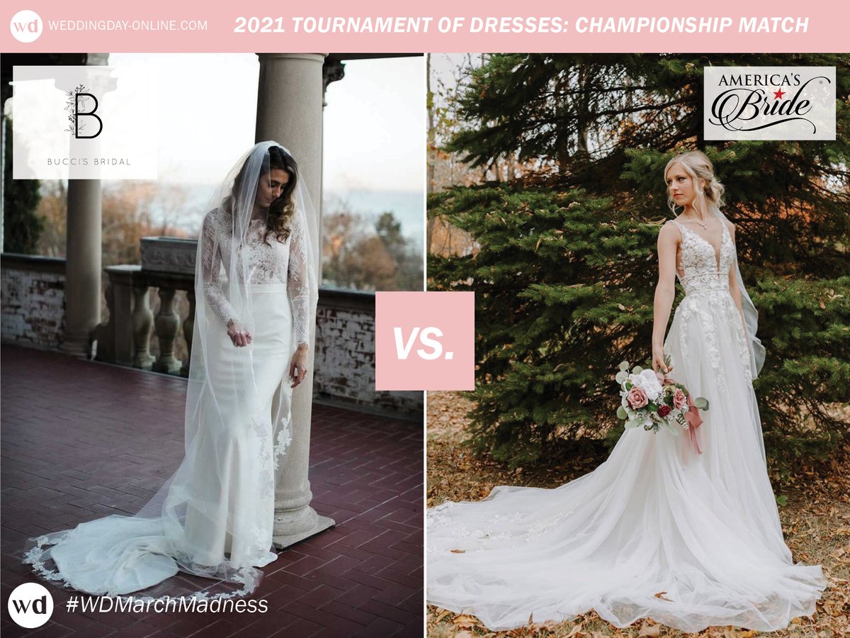 WeddingDayMag's tweet photo. Here we are, loves–the final match-up! Reply 'Left' to vote Lis Simon from @Buccis_Bridal or reply 'Right' to vote @morileeofficial from @Americas_Bride! #WDMarchMadness #weddingdress https://t.co/rM8sSNFylw