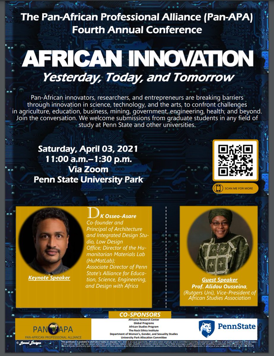 aesedapsu's tweet photo. Our Assistant Director, Prof. Dk Osseo-Asare @dkoa will be the keynote speaker at Penn State's Pan-African Professional Alliance (Pan-APA) 4th Annual Conference. The conference will be held tomorrow, April 03rd, 2021; from 11:00 AM - 1:30 PM. Scan the QR code below for more info https://t.co/vQhJaUP1XN