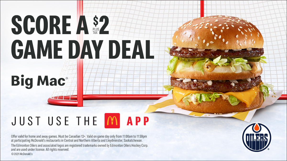 EdmontonOilers's tweet photo. Score big on #Oilers game days! 🍔

You can enjoy a $2 Big Mac only on the @McDonaldsCanada App. 

https://t.co/X73hmR1Uz7 | #LetsGoOilers https://t.co/QZM8VB4klb