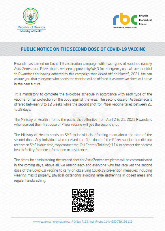 Uzivatel Ministry Of Health Rwanda Na Twitteru Rwandahealth Informs The Public That Effective From April 2 To 21 2021 Rwandan Residents Who Received Their First Dose Of Pfizer Vaccine Will Get