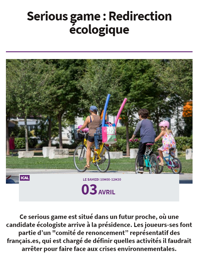abkgrenoble's tweet photo. Nous sommes en 2027, les français·es ont tranché, la Présidente l'a annoncée : l'heure de la #RedirectionEcologique a sonné !
Un jeu sérieux concocté par les sulfureux chercheurs @LabOrigens, ouvert à tou·te·s samedi matin. #seriousgame #BiennaleGrenoble
🗓️https://t.co/vtq6YnZOSz https://t.co/SeFSyjUvRm