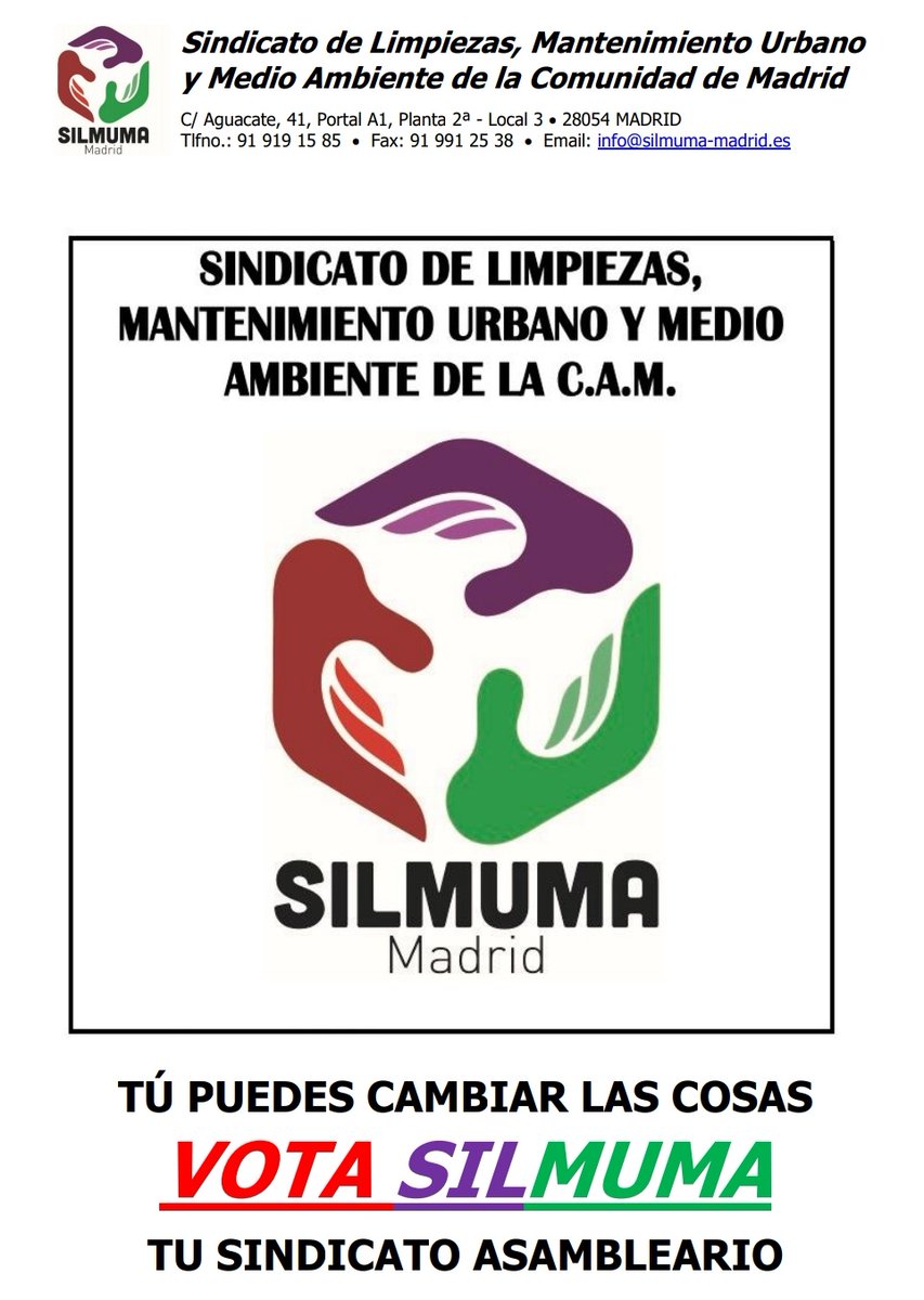 silmuma's tweet photo. Vota Sindicato de Limpiezas Mantenimiento Urbano y Medio Ambiente de la comunidad de Madrid. Más de 20 años de experiencia en el sector. Si nadie mira por ti... que nadie decida por ti... Tu Sindicato asambleario https://t.co/rznECxmk3t