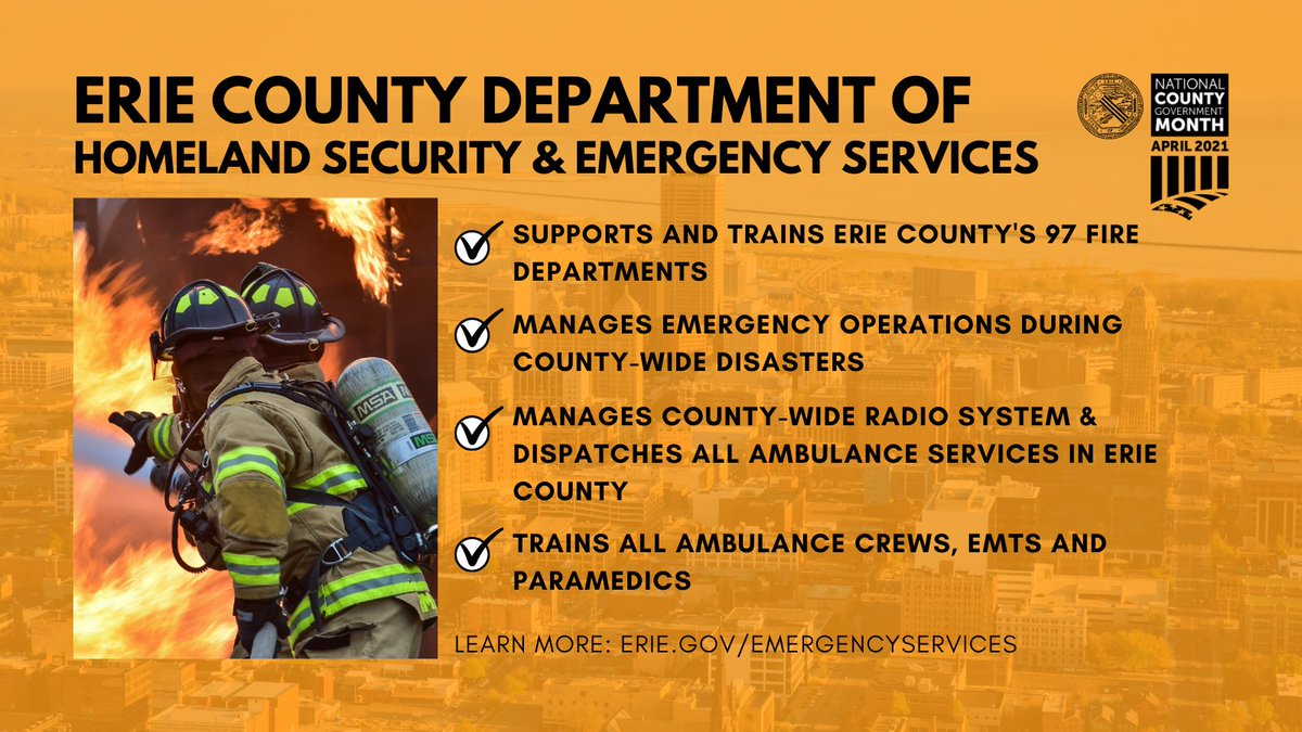 ErieCountyNY's tweet photo. It's #NationalCountyGovernmentMonth! Did you know? @ErieCountyESU…

• Trains county's 97 fire dep'ts;
• Manages county-wide emergencies;
• Runs county radio system &amp; dispatches ambulances; &amp;
• Trains ambulance crews, EMTs, paramedics.

More at: https://t.co/mq30Y9zdP5

#NGCM https://t.co/w95Ah5tTMu