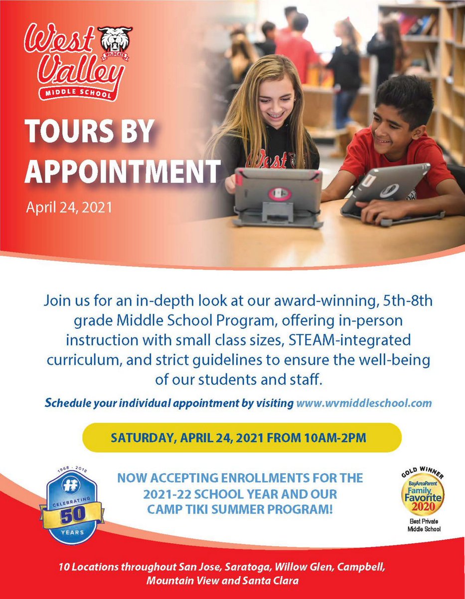 ADPP1968's tweet photo. Get a head start on your planning for the 2021-22 school year. 

We will be hosting Tours by Appointment on Saturday, April 24th at our West Valley Middle School. 

Schedule your individual appointment by visiting https://t.co/xMK8SI5LC1

#westvalleymiddleschool #wvms https://t.co/A7qLoRErNX