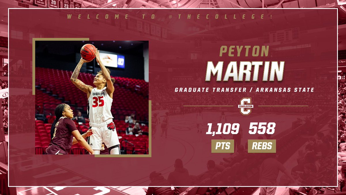 CofCWBB's tweet photo. Peyton Martin, a three-year starter at Arkansas State and All-Sun Belt Conference selection, is joining the CofC women's basketball program as a graduate transfer. Welcome to the Cougar family! https://t.co/08gwHaPIdE