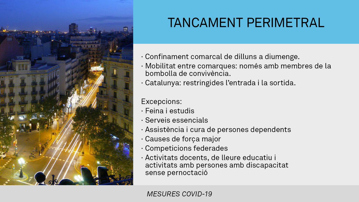 bcn_ajuntament's tweet photo. Mesures per frenar l'expansió de la #covid19: 

📍 Confinament comarcal de dilluns a diumenge
👨‍👨‍👧‍👦 Mobilitat per l'interior de Catalunya: limitada a membres de la mateixa bombolla de convivència
❌ No es permet entrar a Catalunya ni sortir-ne

#BCNcuidat
ℹ️ https://t.co/ka6hjMrZyr https://t.co/7YsJwFQySm