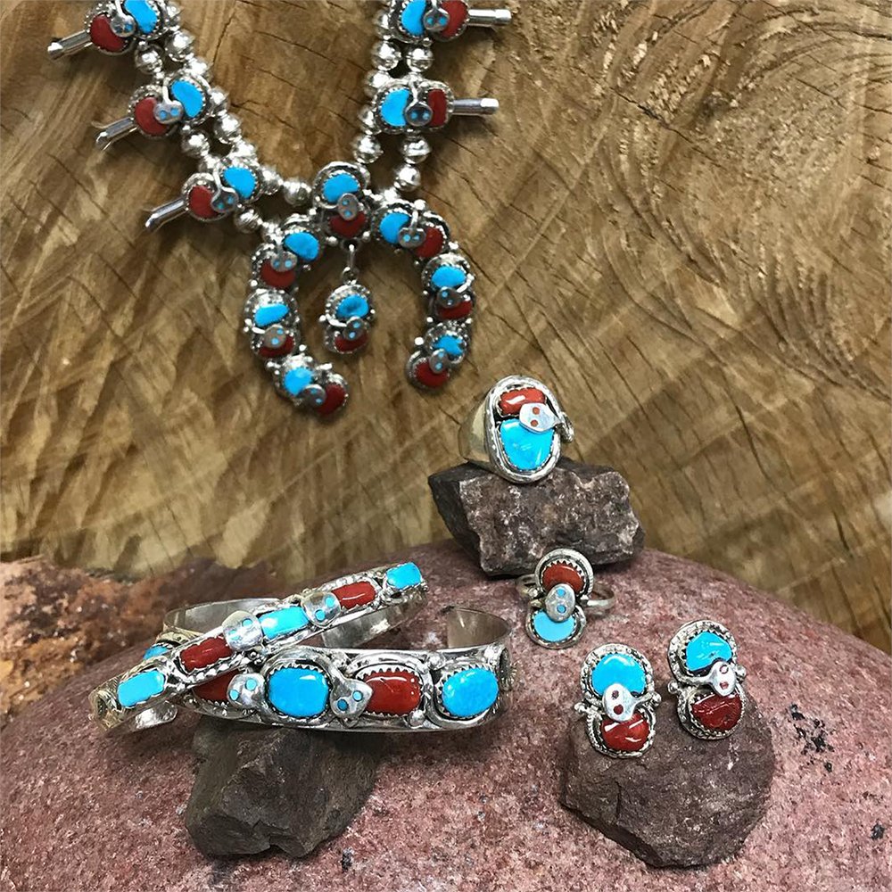 Turquoise Coral Sterling Silver Southwestern Squash Blossom Necklace, Earring, Bracelet, &amp; Ring Set 

💙 Tap &amp; Check Our Full Shop!
Or bit.ly/395xibQ