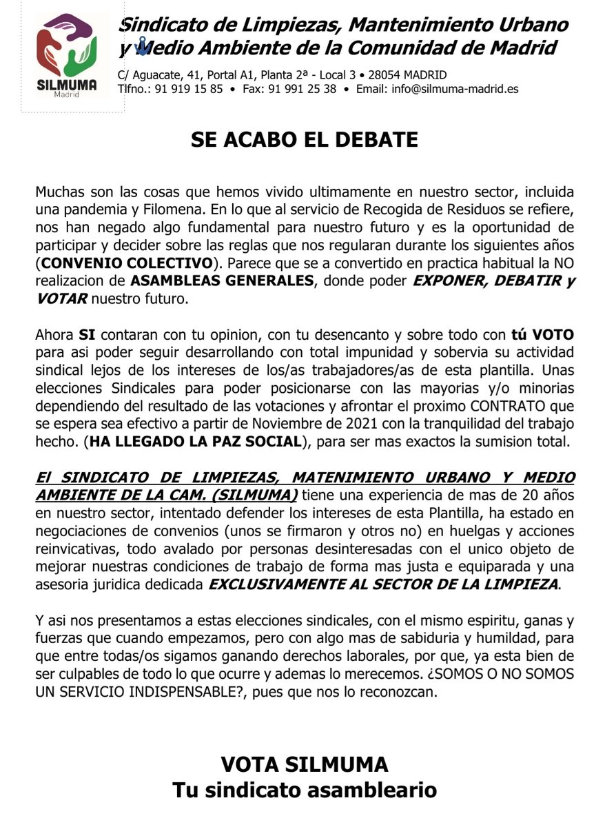 silmuma's tweet photo. Vota Sindicato de Limpiezas Mantenimiento Urbano y Medio Ambiente de la comunidad de Madrid. Más de 20 años de experiencia en el sector. Si nadie mira por ti... que nadie decida por ti... Tu Sindicato asambleario https://t.co/ubat93JKdF