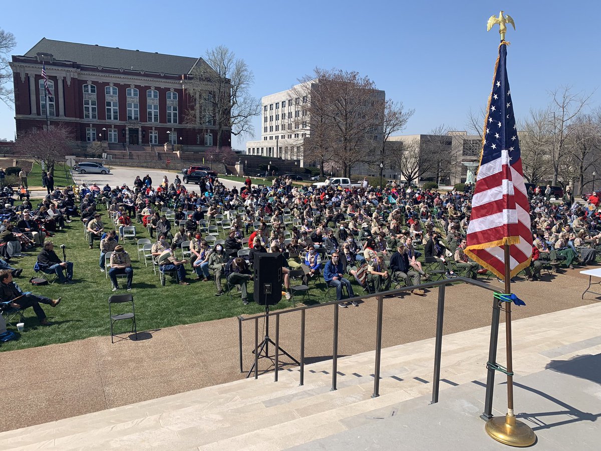 GovMikeKehoe's tweet photo. A terrific turn out of the Class of 2020 Eagle Scouts for Missouri Eagle Scout Day at the Capitol. Achieving the highest rank in scouting requires character, dedication and hours of diligent work. Well done, Eagle Scouts. What an incredible accomplishment. #MissouriProud. https://t.co/NJjmugYke6