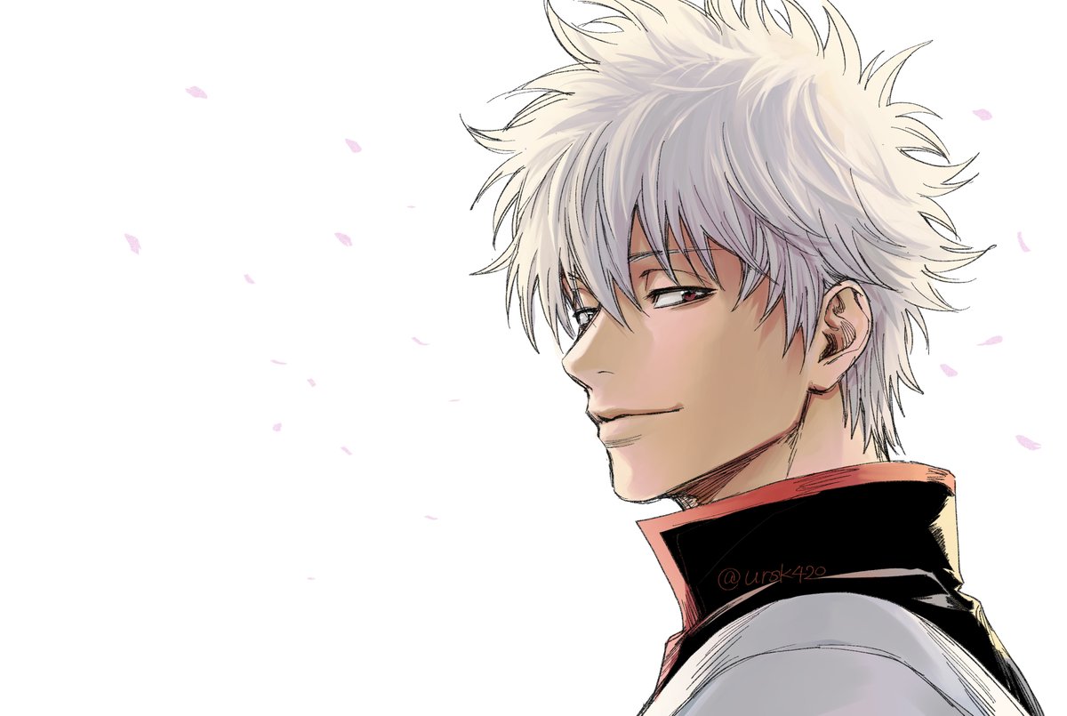 sakata gintoki 1boy solo male focus white hair white background smile petals  illustration images